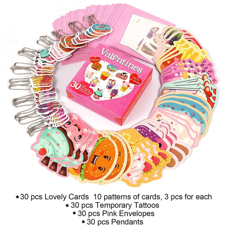 SUKKI Valentines Day Cards for Kids 30 Sets with Envelopes Pendant Gifts and Temporary Tattoos - Perfect Greeting Exchange Cards for Classmates Boys Girls Party Favors - Image 5